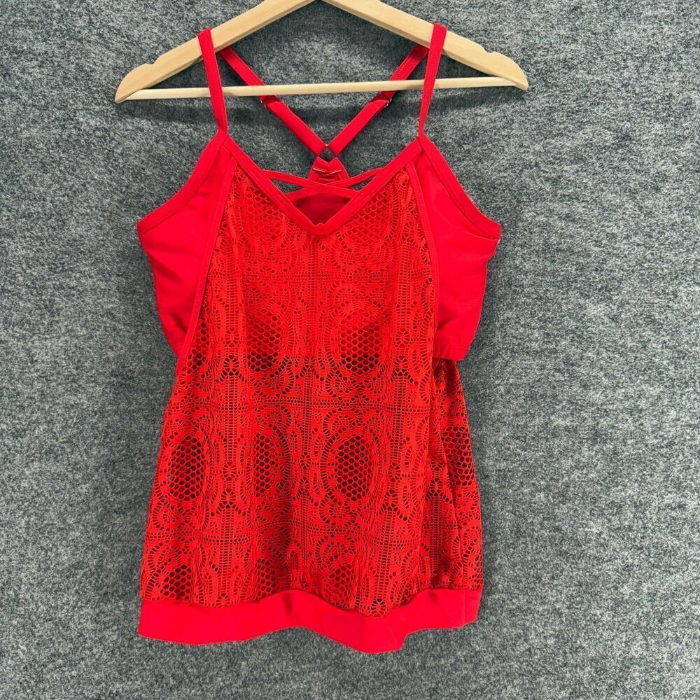 Unbranded Tankini Top Women M Medium Red Geometric Crochet V-Neck Sleeveless